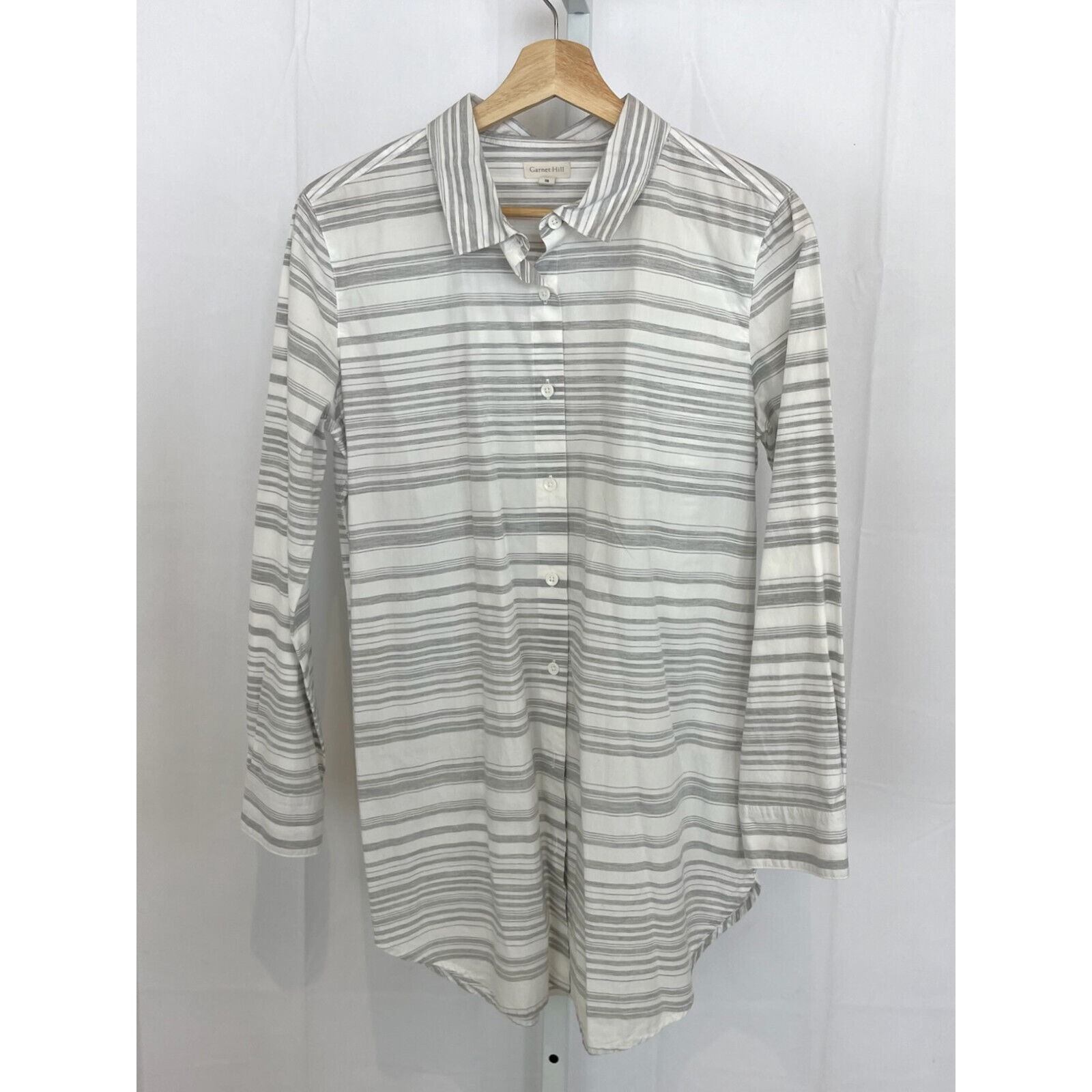 Garnet Hill Size 8 Organic Cotton Long Tunic Shirt Gray White Striped Button Up